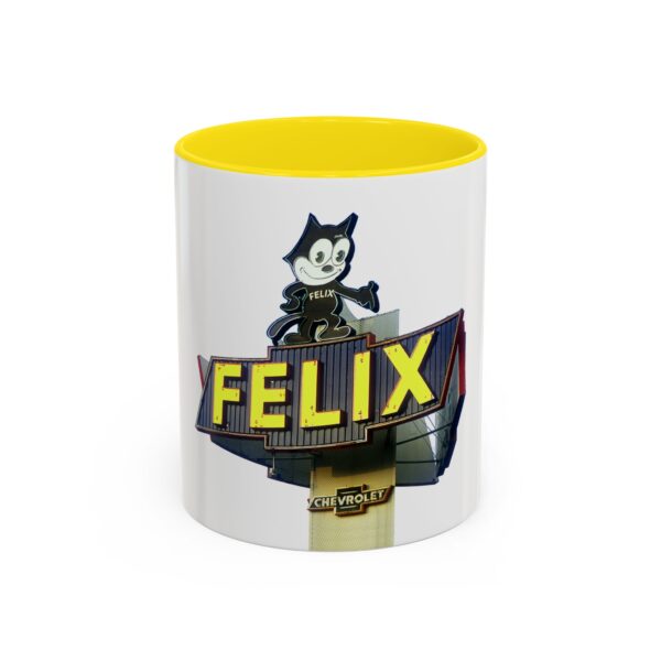 Retro-Inspired Accent Coffee Mug, Felix the Cat Vintage Chevrolet Sign, 11oz/15oz Cup