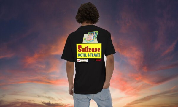 Suitcase Motel, Back Side Printed, Vintage neon sign unisex oversized T-shirt