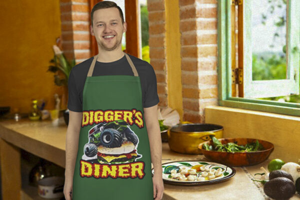 Cooking Apron: Digger's Diner Design, Gift for Chefs, Kitchen Decor, Monster Truck Fans