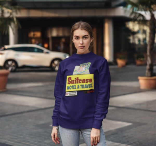Suitcase Motel Crewneck Sweatshirt, Retro Road Trip Jumper, Unisex Fleece