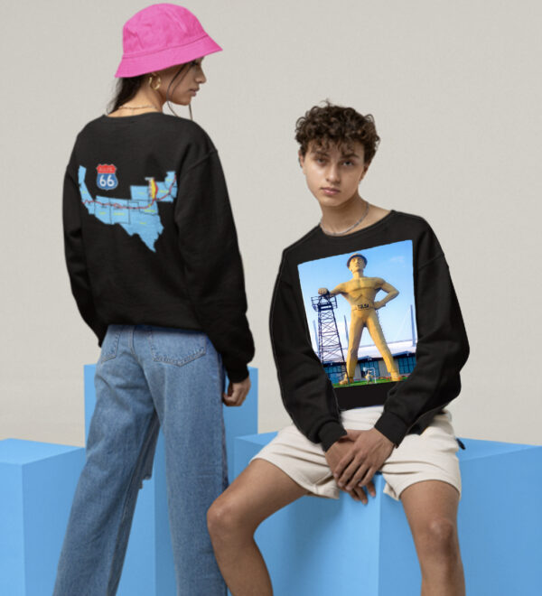 Vintage Route 66 Crewneck Sweatshirt, Tulsa Golden Driller Design, Retro Road Trip Jumper, Unisex Fleece