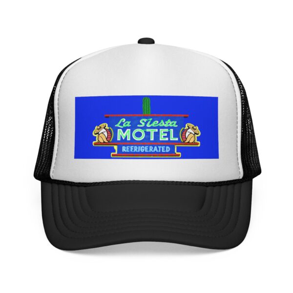 Vintage Trucker Cap, La Siesta Motel Graphic, Retro Style Hat, Outdoor Accessories, Gift for Travelers, Road Trip Gear