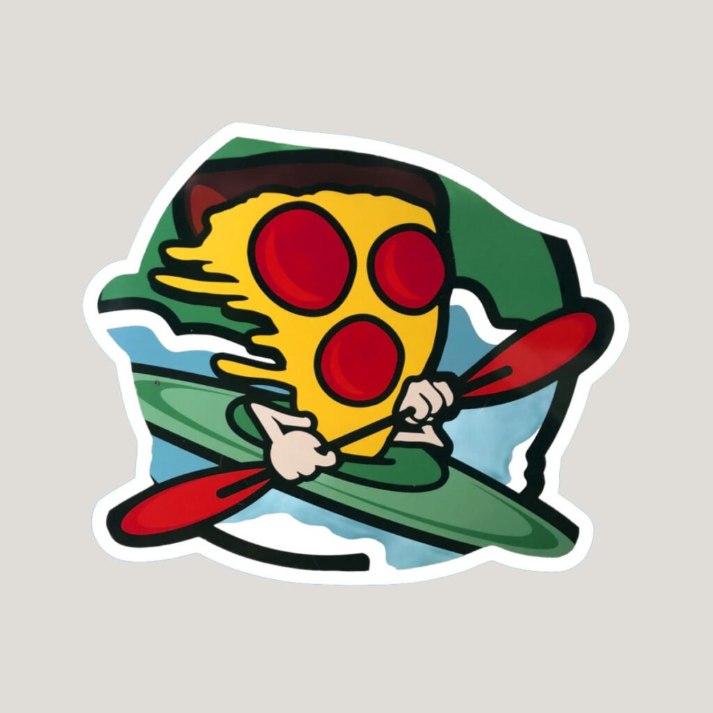 Cartoon pizza slice kayaking sticker