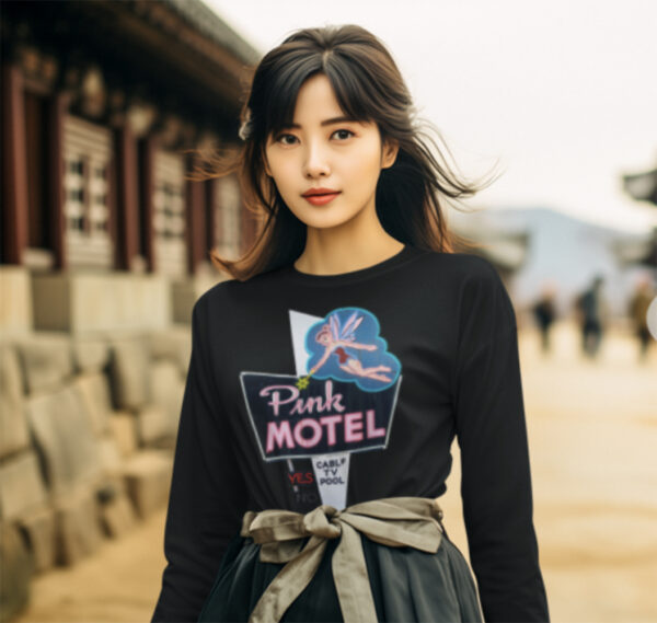 Retro Pink Motel Unisex Long Sleeve Tee, Vintage Motel Shirt, Lightweight Casual Top