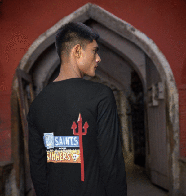 Saints & Sinners Unisex Long Sleeve Tee, Vintage Back Side Printed Shirt, Lightweight Casual Top