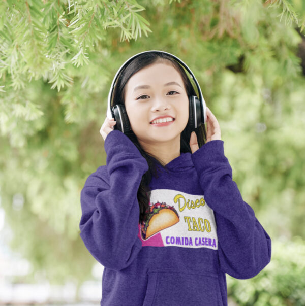 Vintage-Inspired Youth Hooded Sweatshirt, Retro Disco Taco Design, Cozy Gift for Birthdays