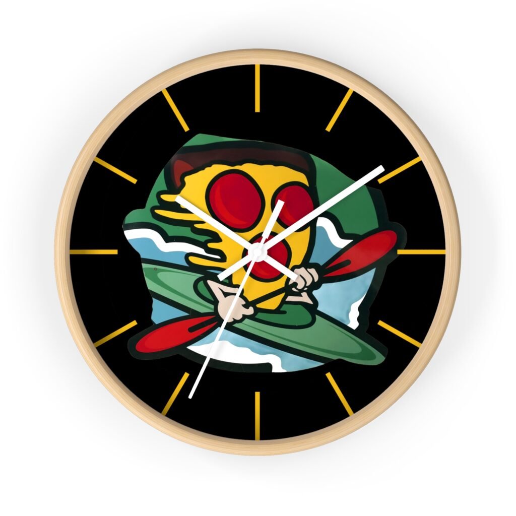 Cartoon pizza slice kayaking clock