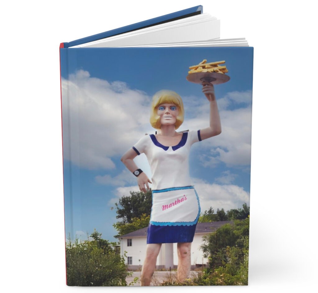 retro roadside mascot girl holding french fries vintage sign notebook