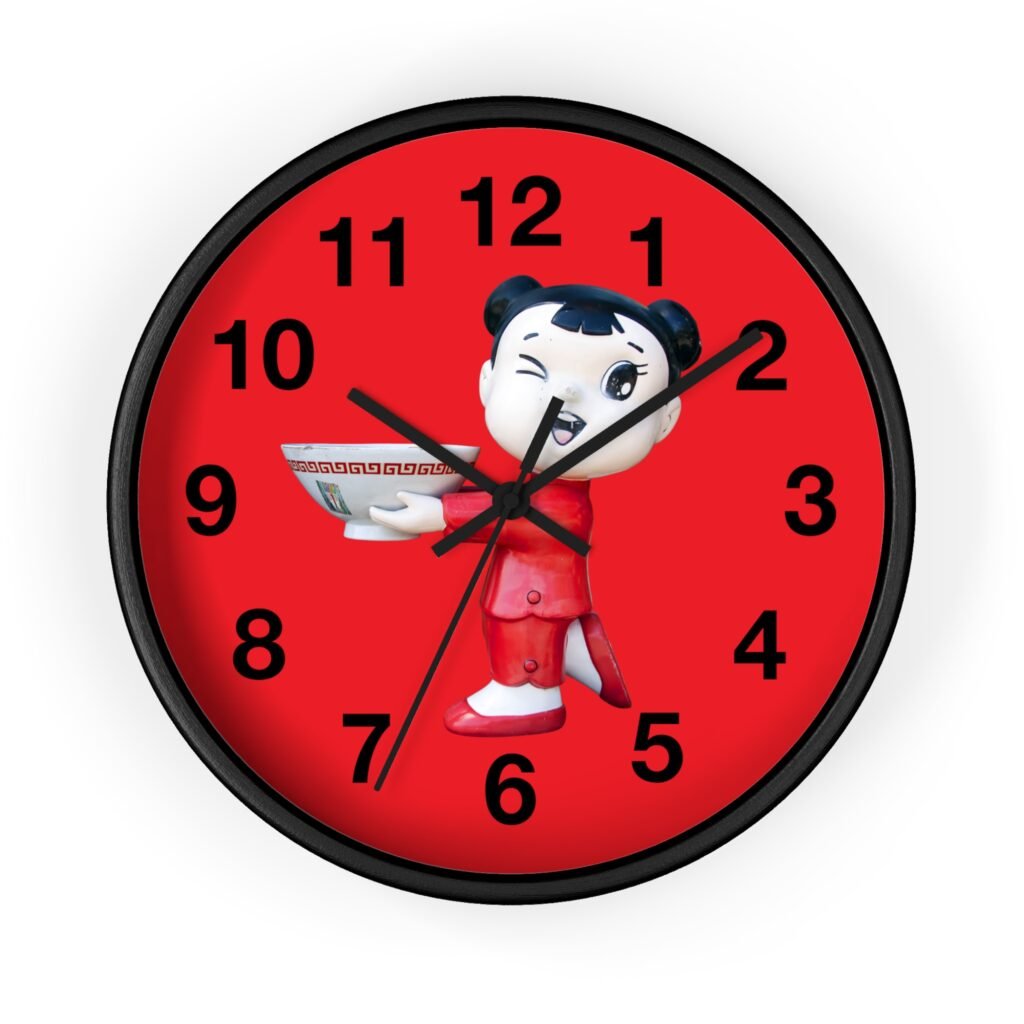 asian restaurant greeter figure holding bowl on clock