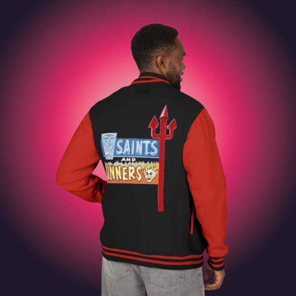 Vintage Style Saints and Sinners Unisex Letterman Jacket, Retro Jacket for Nostalgic Vibes, Cool Gift for Travel Lovers