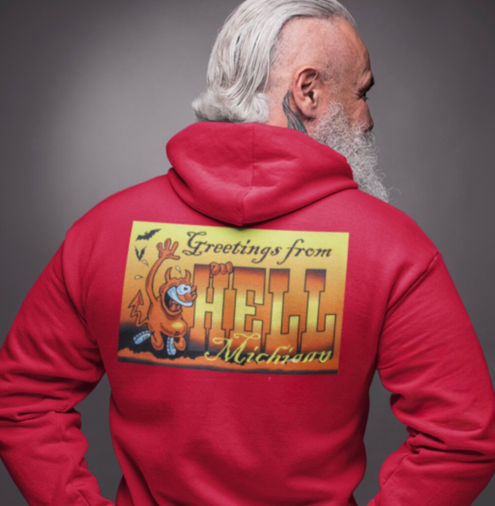 Greetings From Hell, Michigan back print hoodie