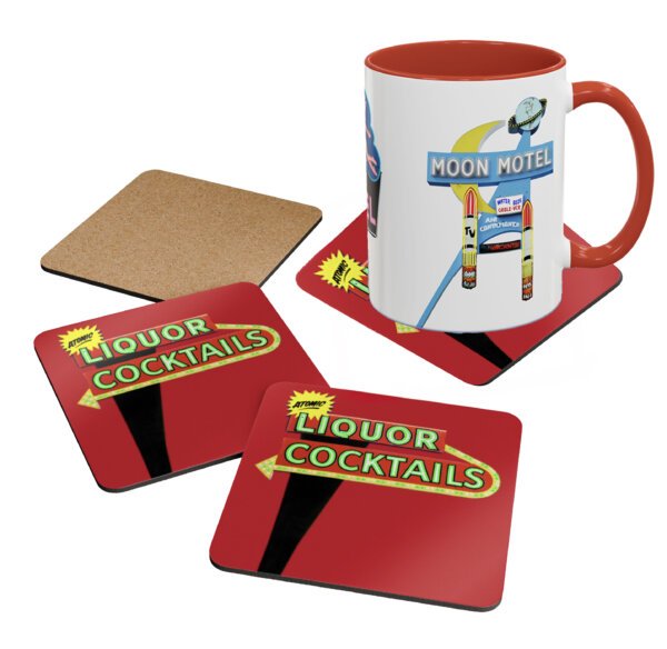 Coaster Set of 4, Vintage Bar Decor, Retro Atomic Liquor sign in Florida