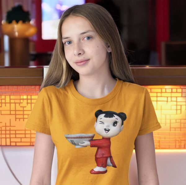 asian restaurant greeter figure holding bowl on youth t-shirt design