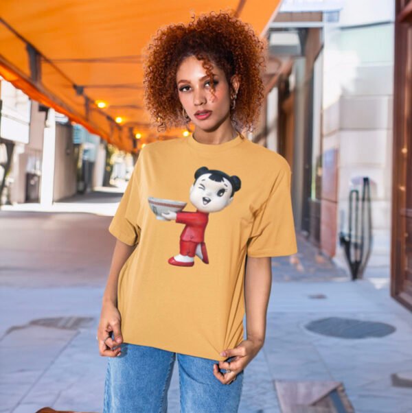 asian restaurant greeter figure holding bowl on t-shirt design