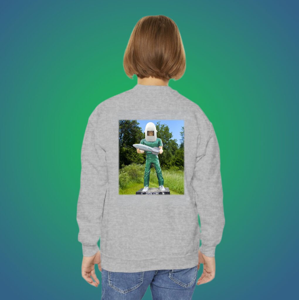 Route 66 Gemini Giant roadside attraction illustrated on youth crewneck sweatshirt back print