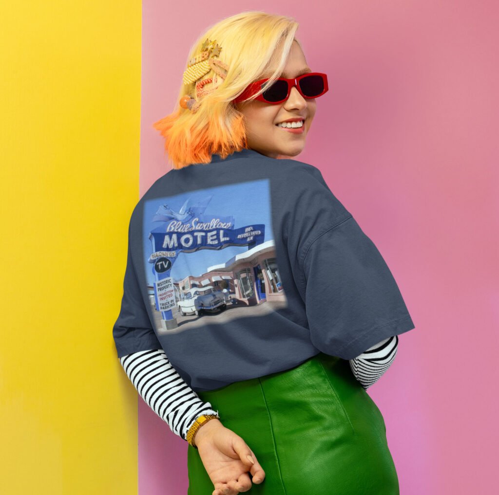 Route 66 Blue Swallow Motel back tee in Tucumcari, NM