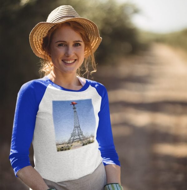 Paris Texas Eiffel Tower with cowboy hat graphic on raglan t-shirt