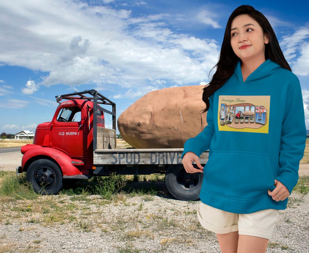 Retro “Greetings From Idaho” featuring quirky roadside attractions in vintage postcard style