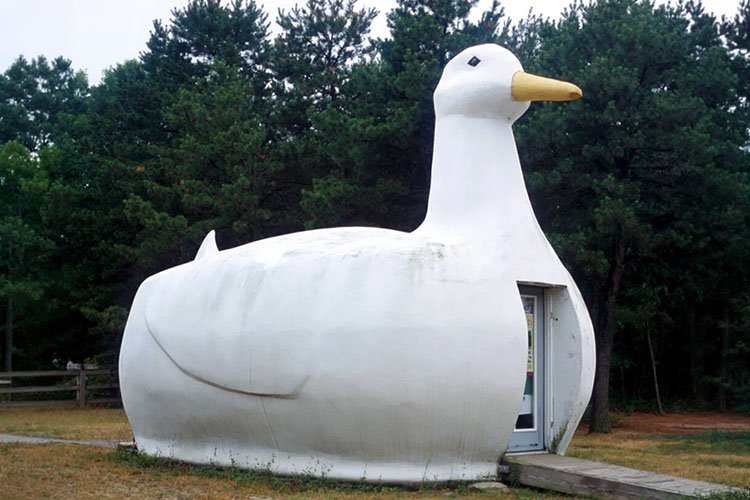 The Big Duck building shaped like a duck located in Flanders, New York.