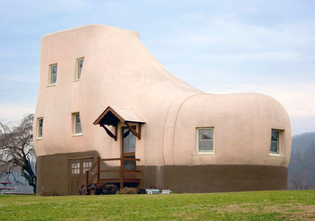 The Haines Shoe House located in Hellam, Pennsylvania was built in 1948 by Colonel Mahlon N. Haines as an outlandish advertising gimmick. It is a wood frame structure coated with cement stucco. The interior consists of five different levels and contains three bedrooms, two baths, a kitchen and living room.