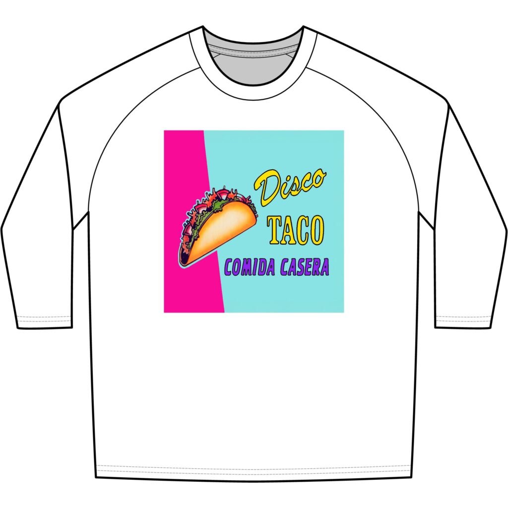 Three-Quarter Sleeve Tee — Disco Taco Comida Casera Graphic